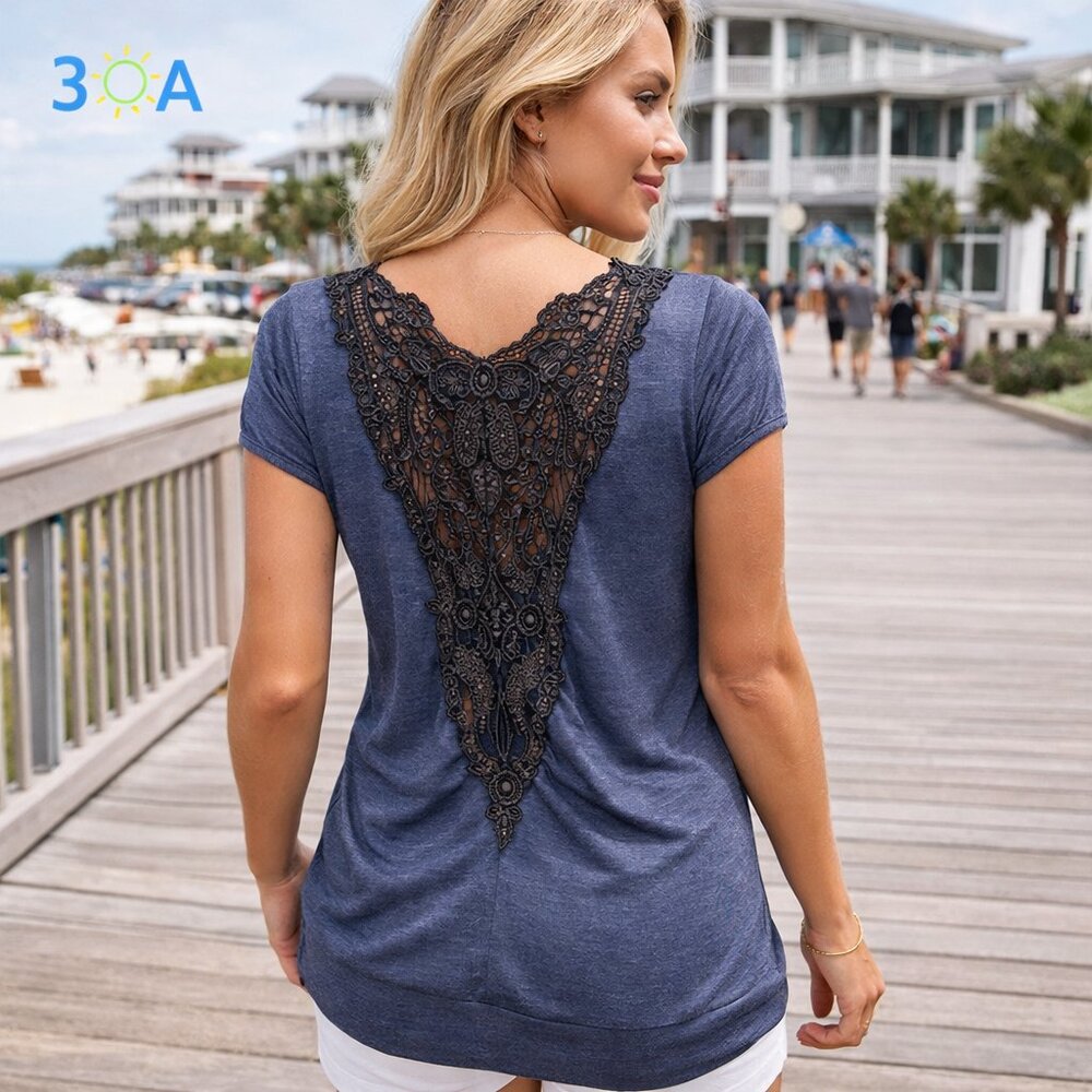 Teenbell Women’s Lace Back Tunic Top Size Medium Purple Scoop Neck Short Sleeve